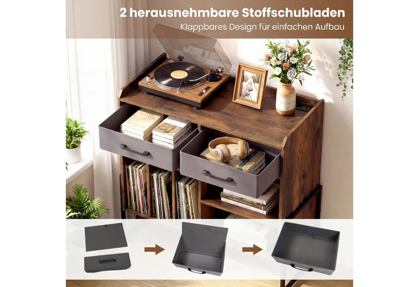 COSTWAY Sideboard Braun mit Plattenspieler-Tisch und Steckdosen - Bild 4