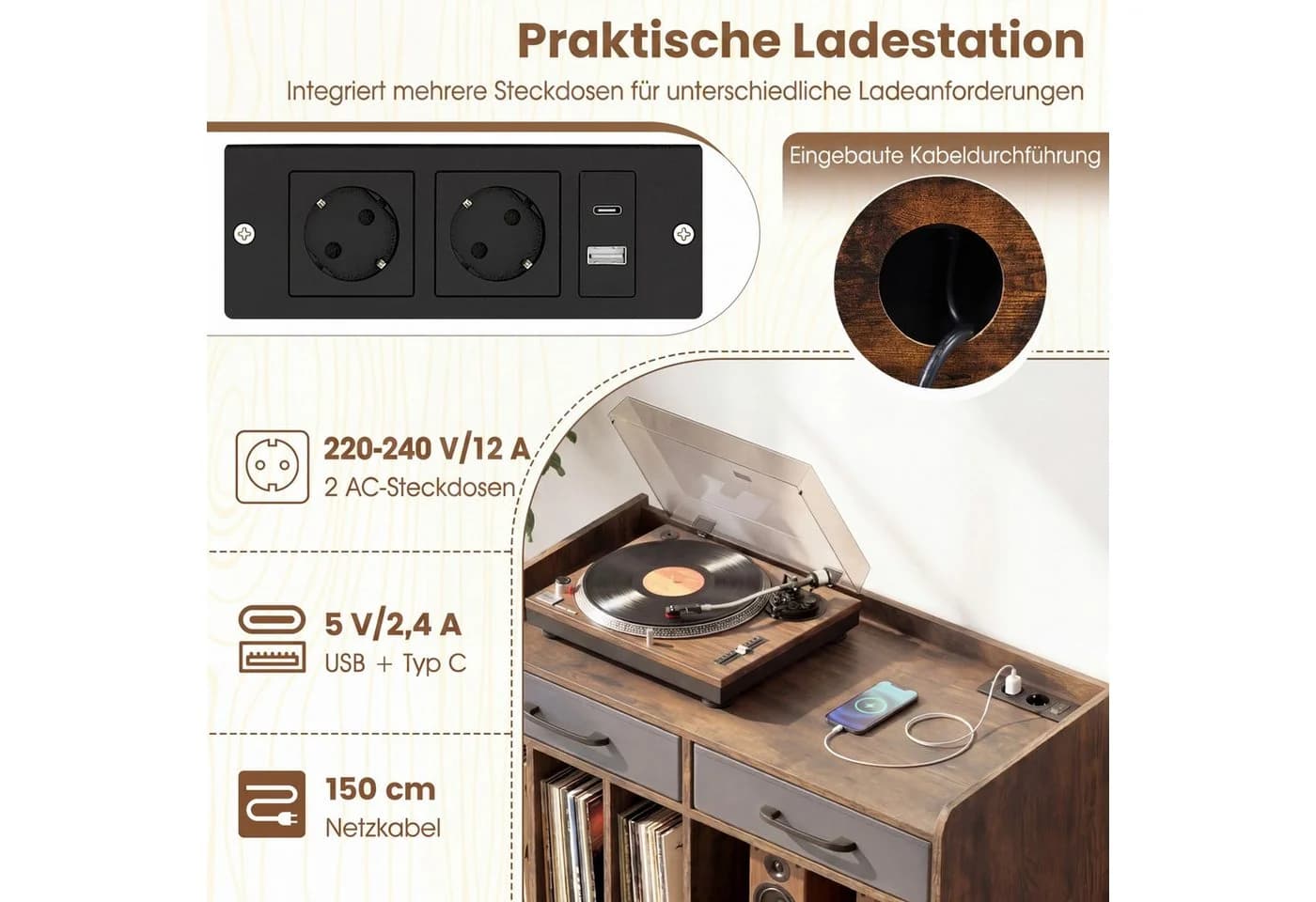 COSTWAY Sideboard Braun mit Plattenspieler-Tisch und Steckdosen - Bild 5