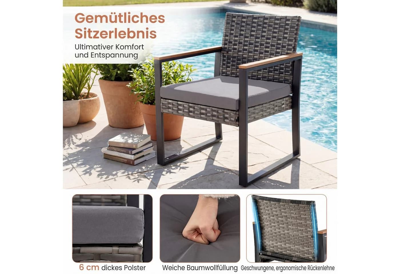 COSTWAY Balkonset 3-tlg. Grau PE-Rattan mit Kissen - Bild 3