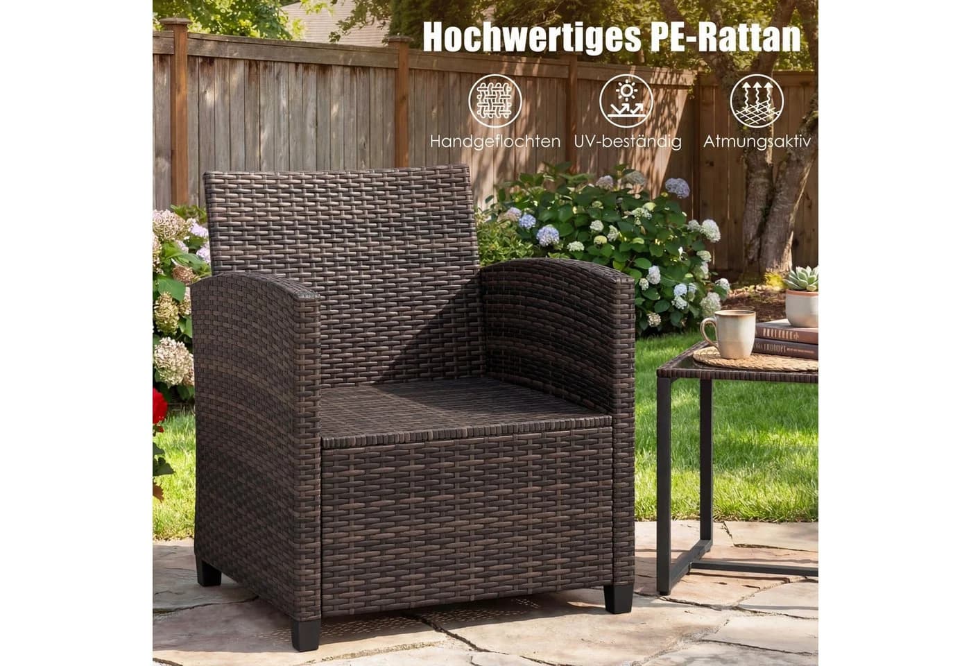 COSTWAY Balkonset 3-tlg. Braun PE-Rattan mit 2 Stühlen & Tisch