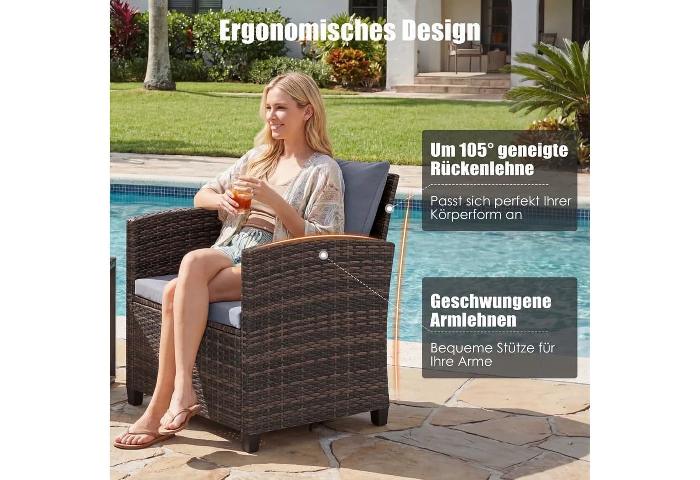 COSTWAY Balkonset 3-tlg. Grau PE-Rattan mit Kissen - Bild 5