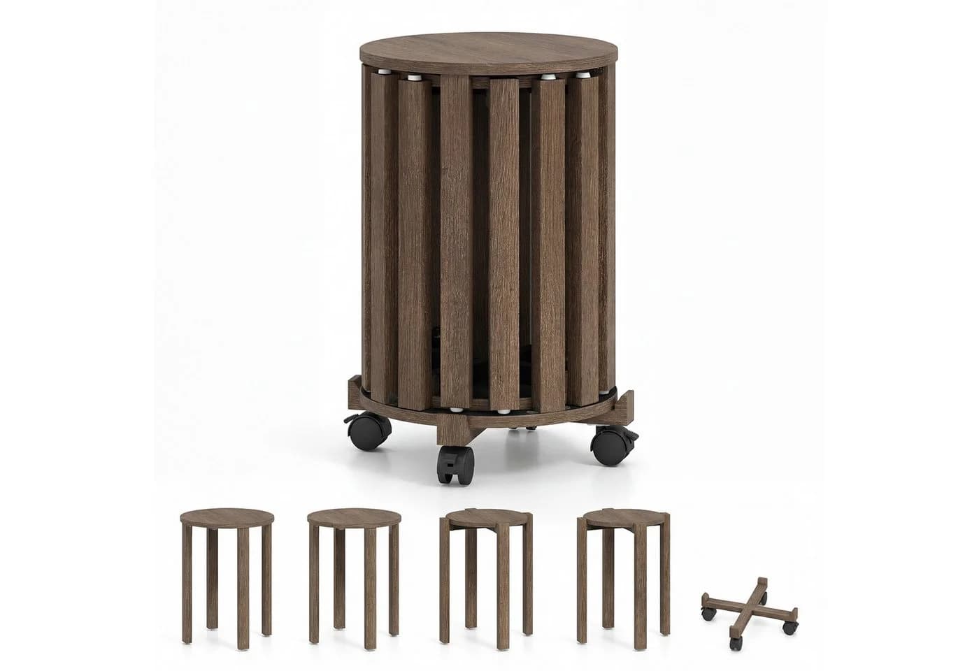COSTWAY Sitzhocker Set 4-tlg. Stapelbar mit Rollen Braun/Schwarz/Weiß