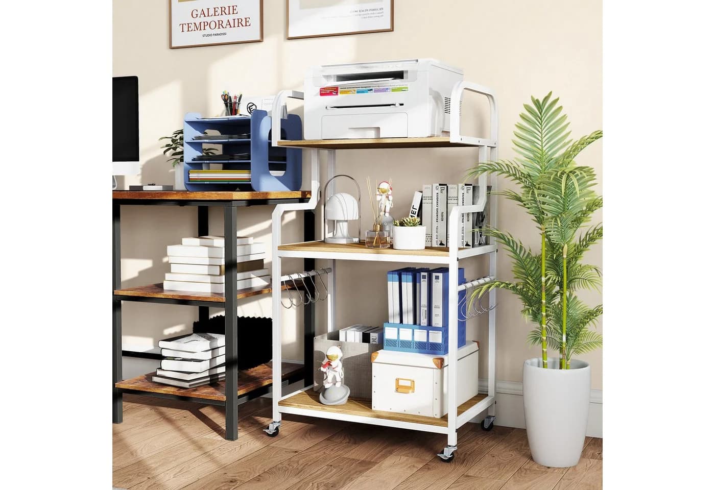 COSTWAY Druckertisch mit Rollen, 3 Ablagen & 10 Haken, Rustikales Braun