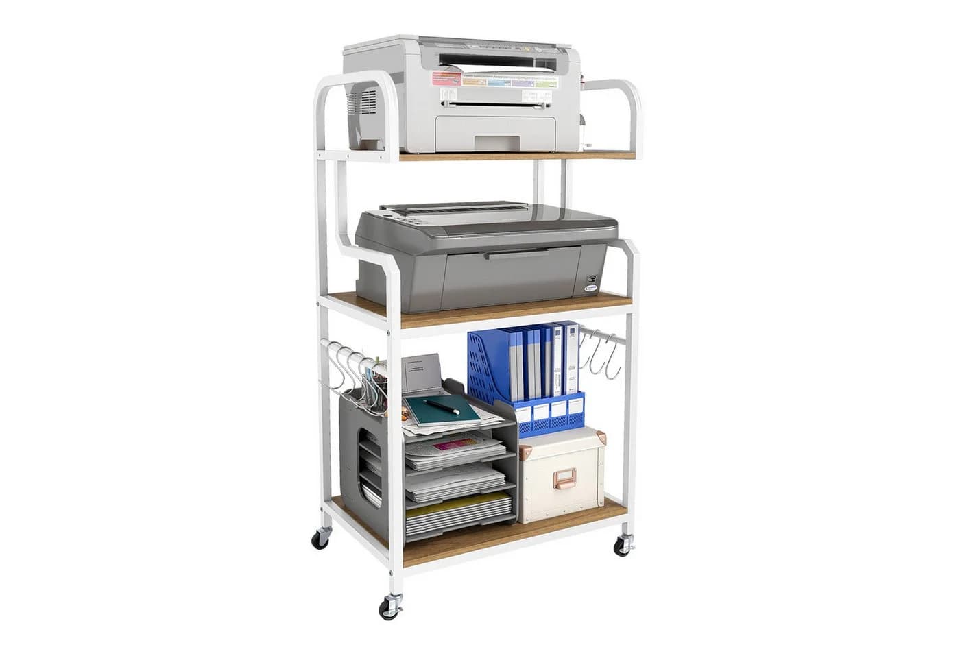 COSTWAY Druckertisch mit Rollen, 3 Ablagen & 10 Haken, Rustikales Braun - Bild 2