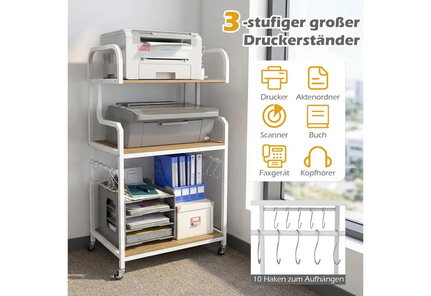 COSTWAY Druckertisch mit Rollen, 3 Ablagen & 10 Haken, Rustikales Braun - Bild 3