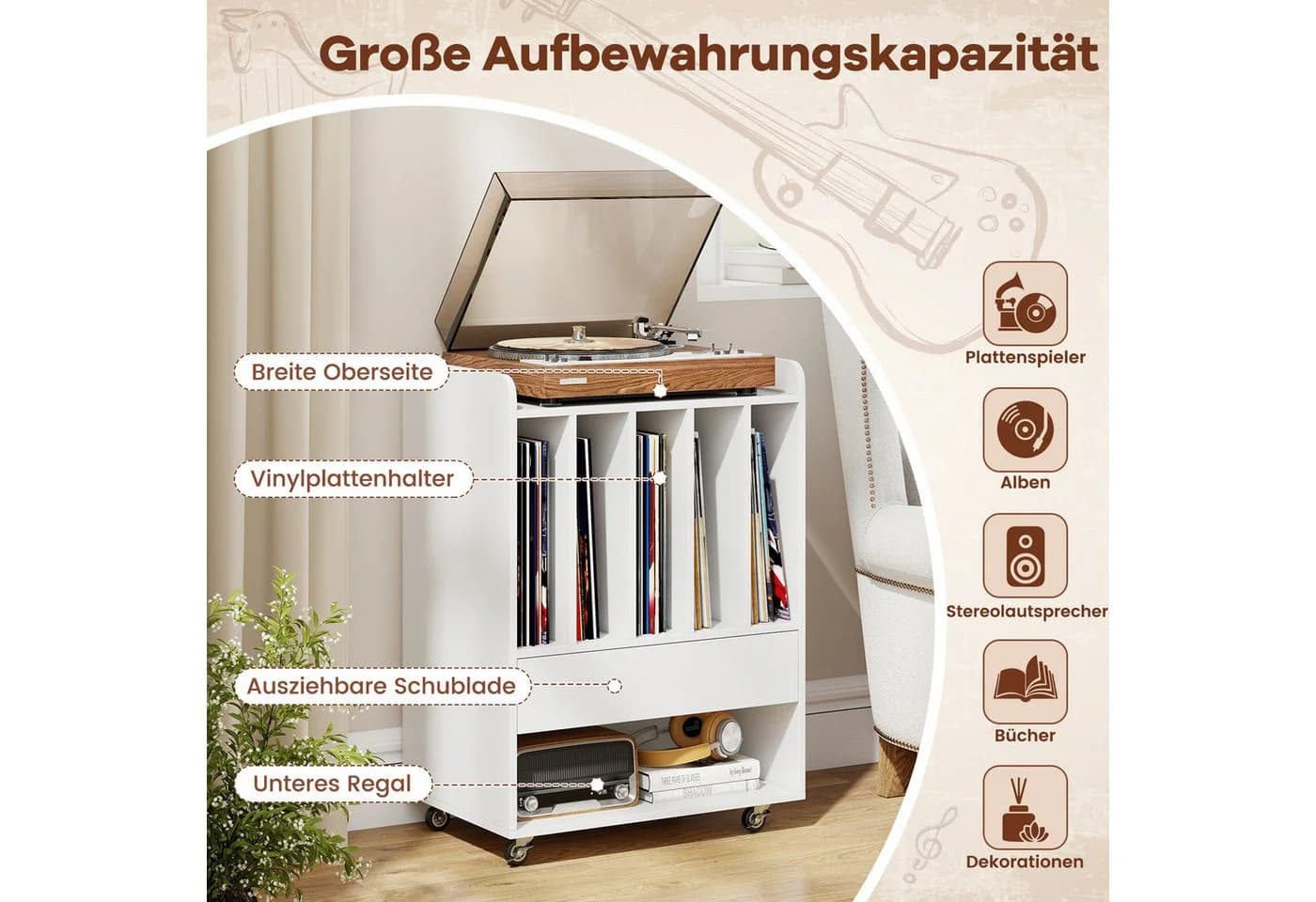 COSTWAY Nachttisch Plattenspielerständer Braun/Weiß mit Rollen & 5 Fächern - Bild 3