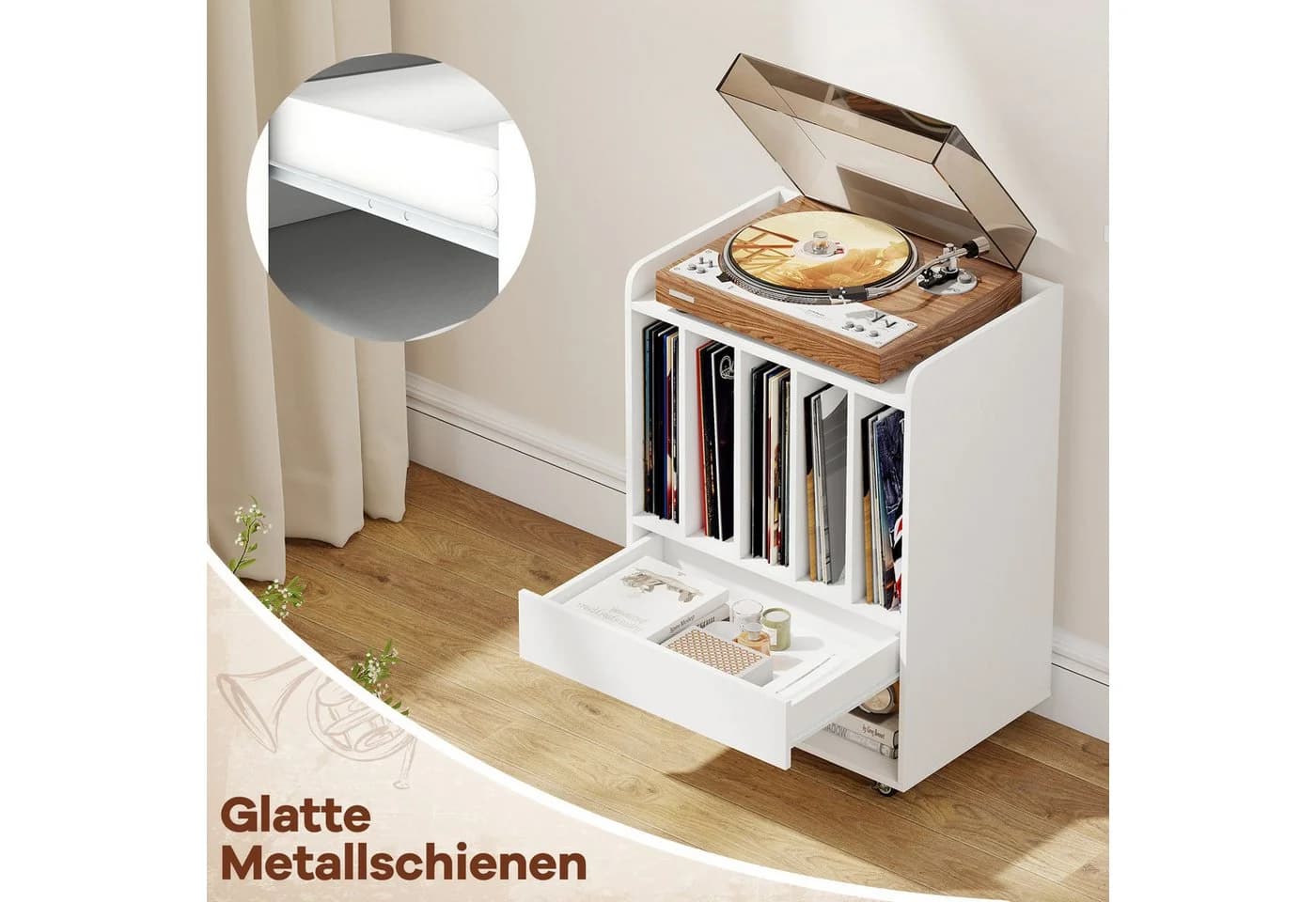 COSTWAY Nachttisch Plattenspielerständer Braun/Weiß mit Rollen & 5 Fächern - Bild 4