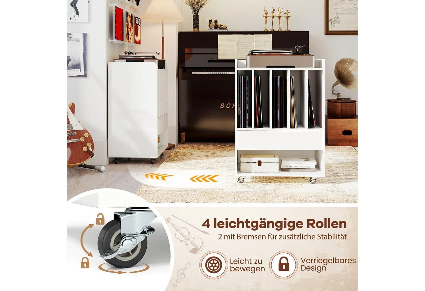 COSTWAY Nachttisch Plattenspielerständer Braun/Weiß mit Rollen & 5 Fächern - Bild 5