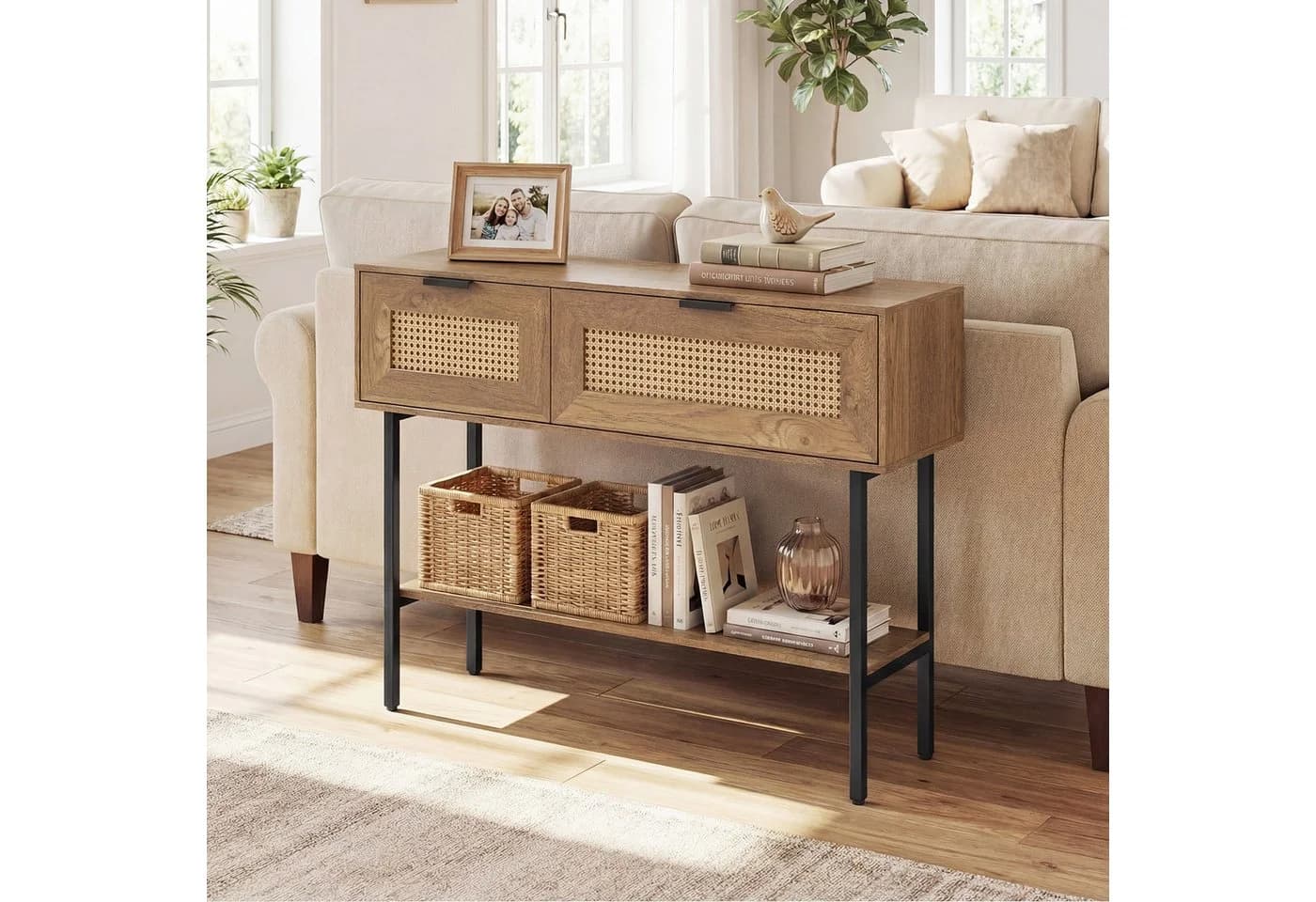 COSTWAY Konsolentisch Schwarz/Natur mit 2 Fächern & Rattan-Optik