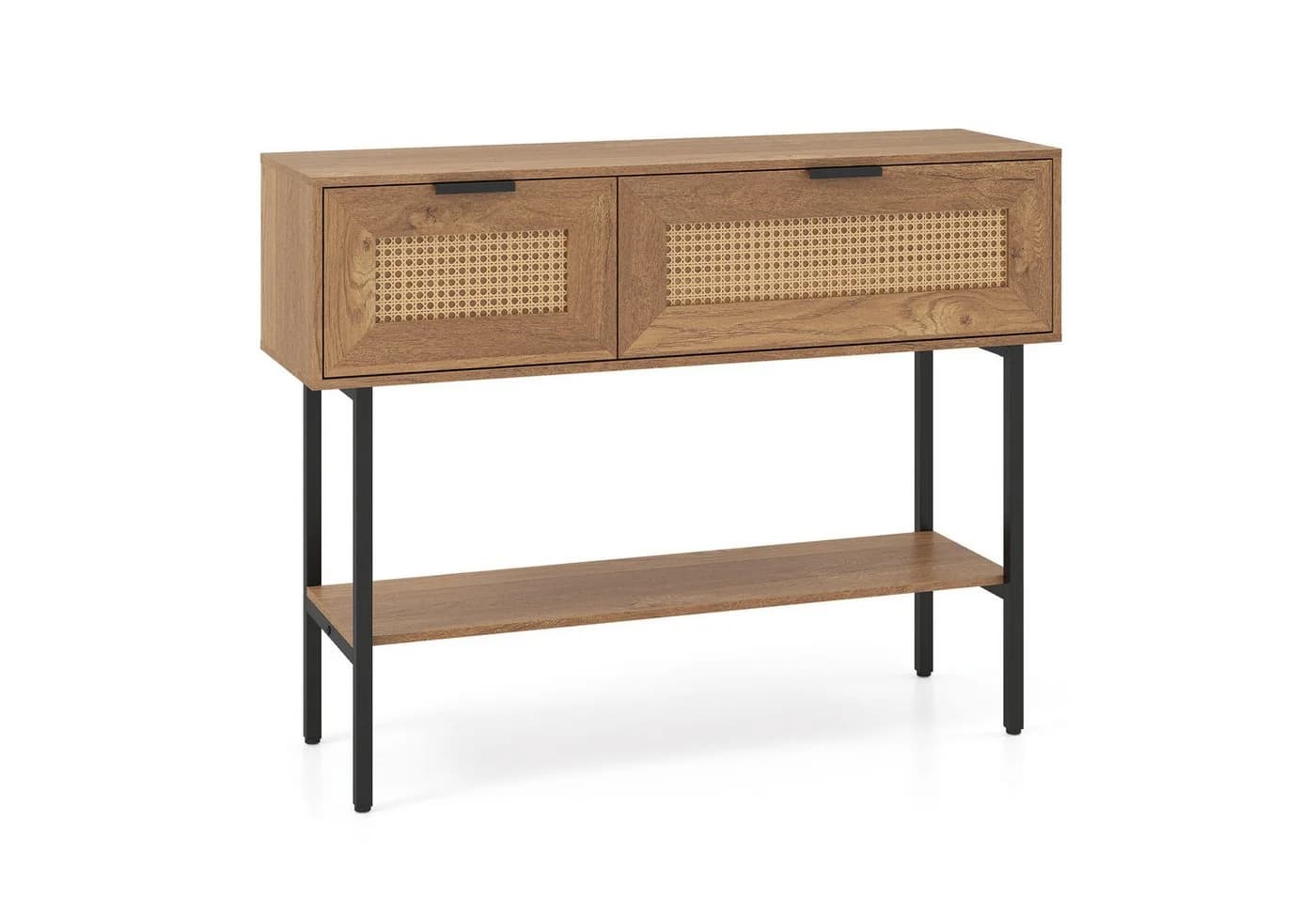 COSTWAY Konsolentisch Schwarz/Natur mit 2 Fächern & Rattan-Optik - Bild 2