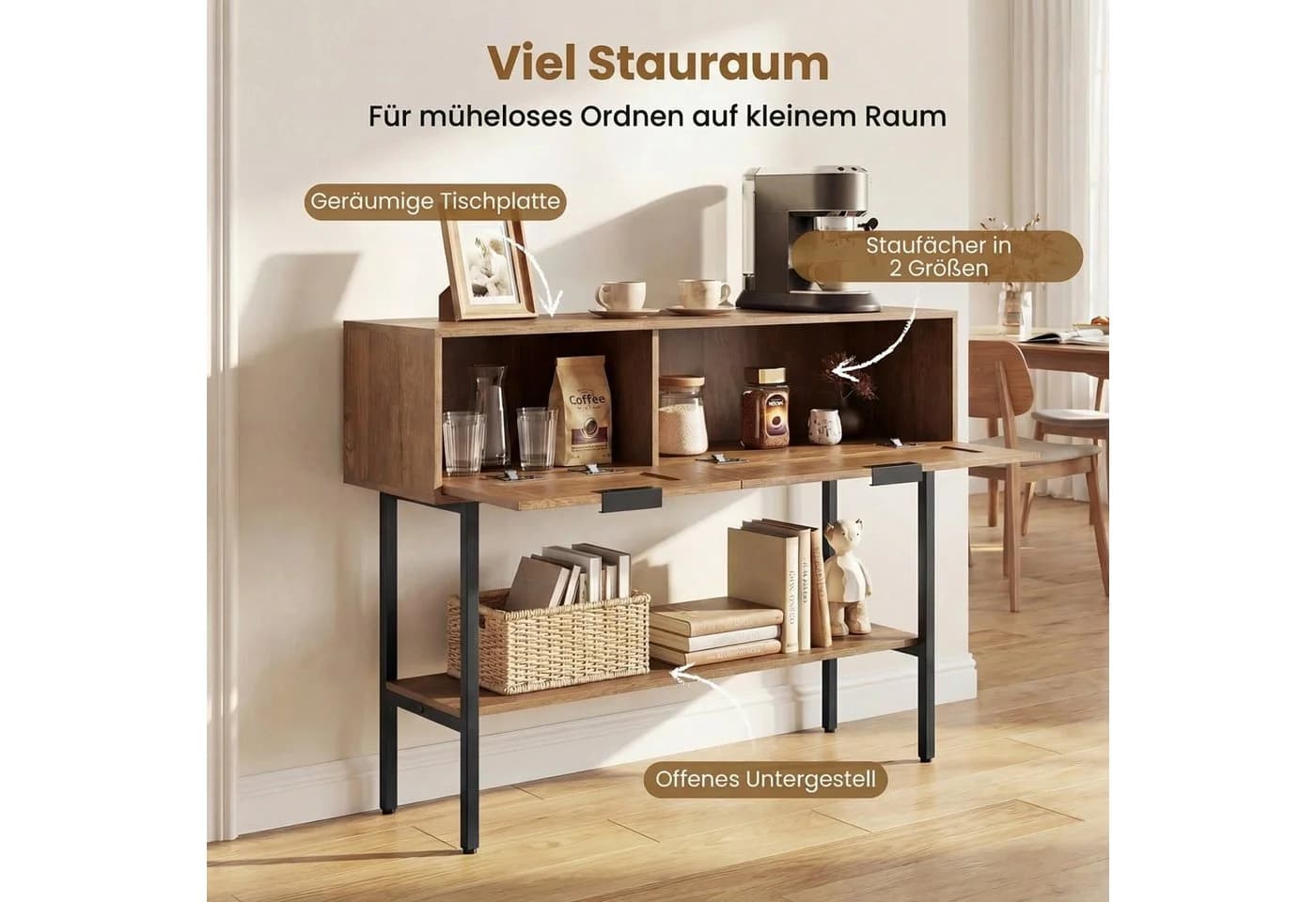 COSTWAY Konsolentisch Schwarz/Natur mit 2 Fächern & Rattan-Optik - Bild 3