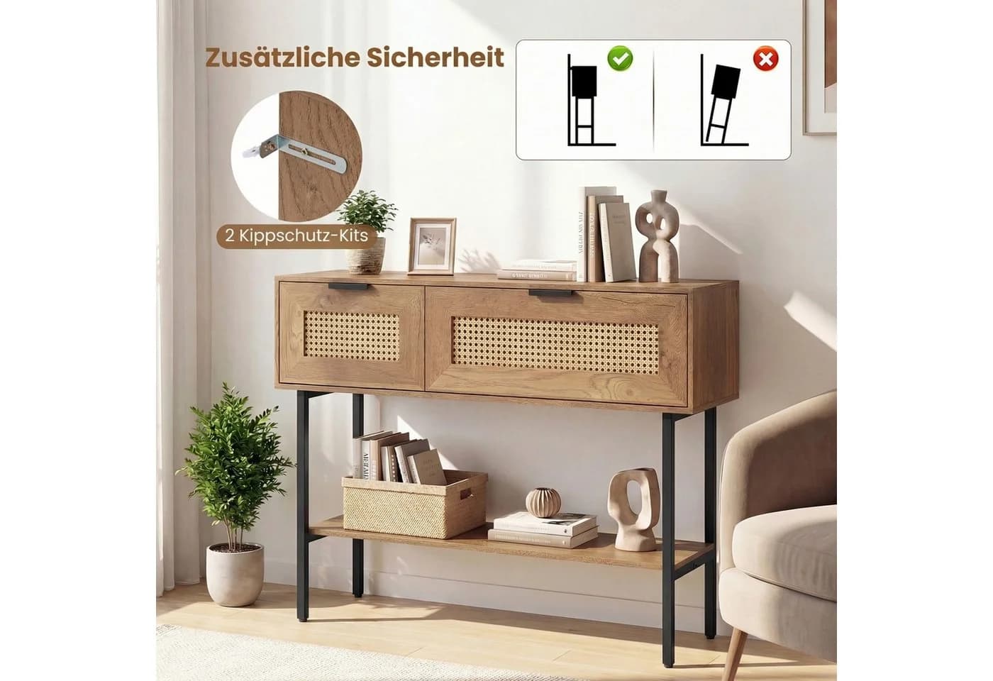 COSTWAY Konsolentisch Schwarz/Natur mit 2 Fächern & Rattan-Optik - Bild 5