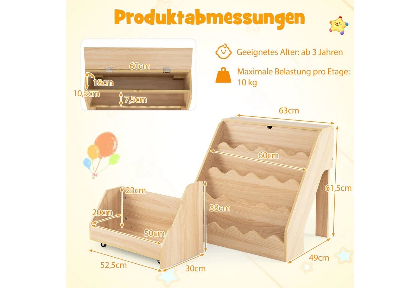 COSTWAY Kinderregal 4-stufig mit Schublade Natur/Weiß