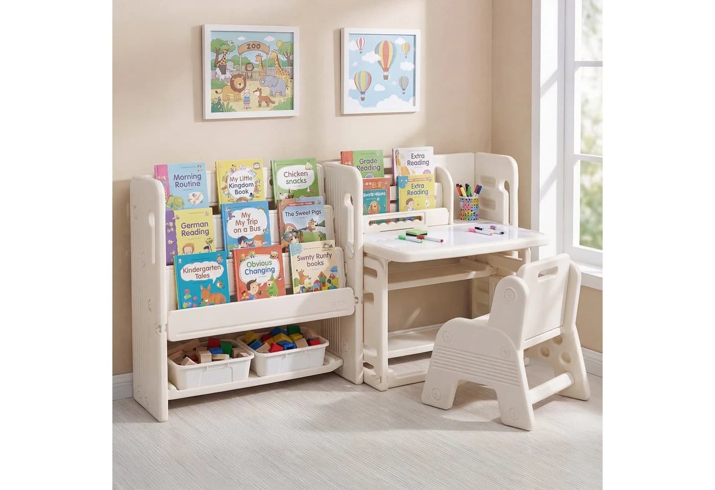 COSTWAY Kindersitzgruppe Beige mit Bücherregal und Stuhl - Bild 2