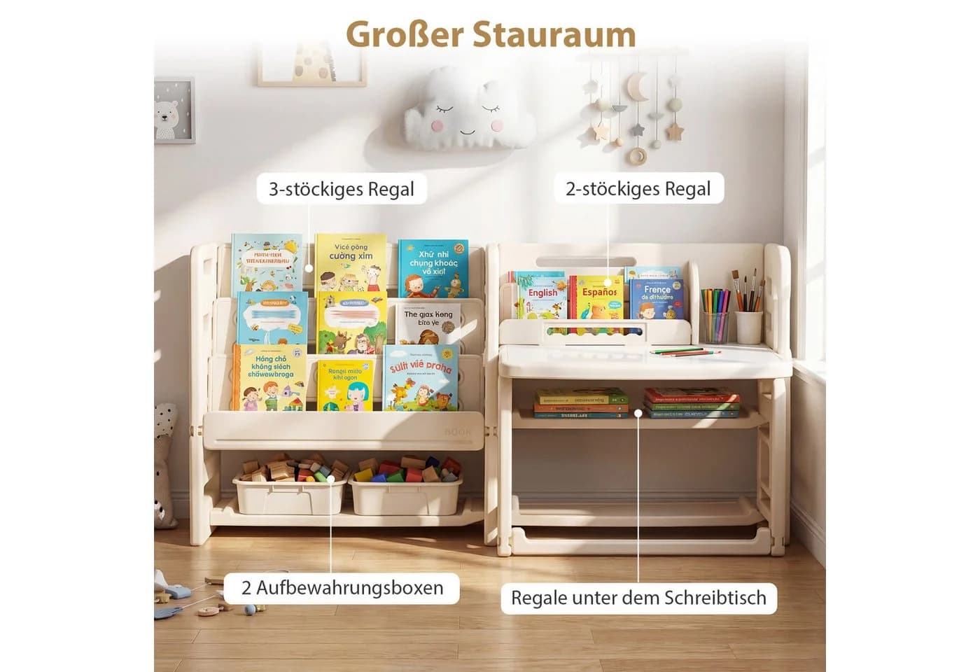 COSTWAY Kindersitzgruppe Beige mit Bücherregal und Stuhl - Bild 3