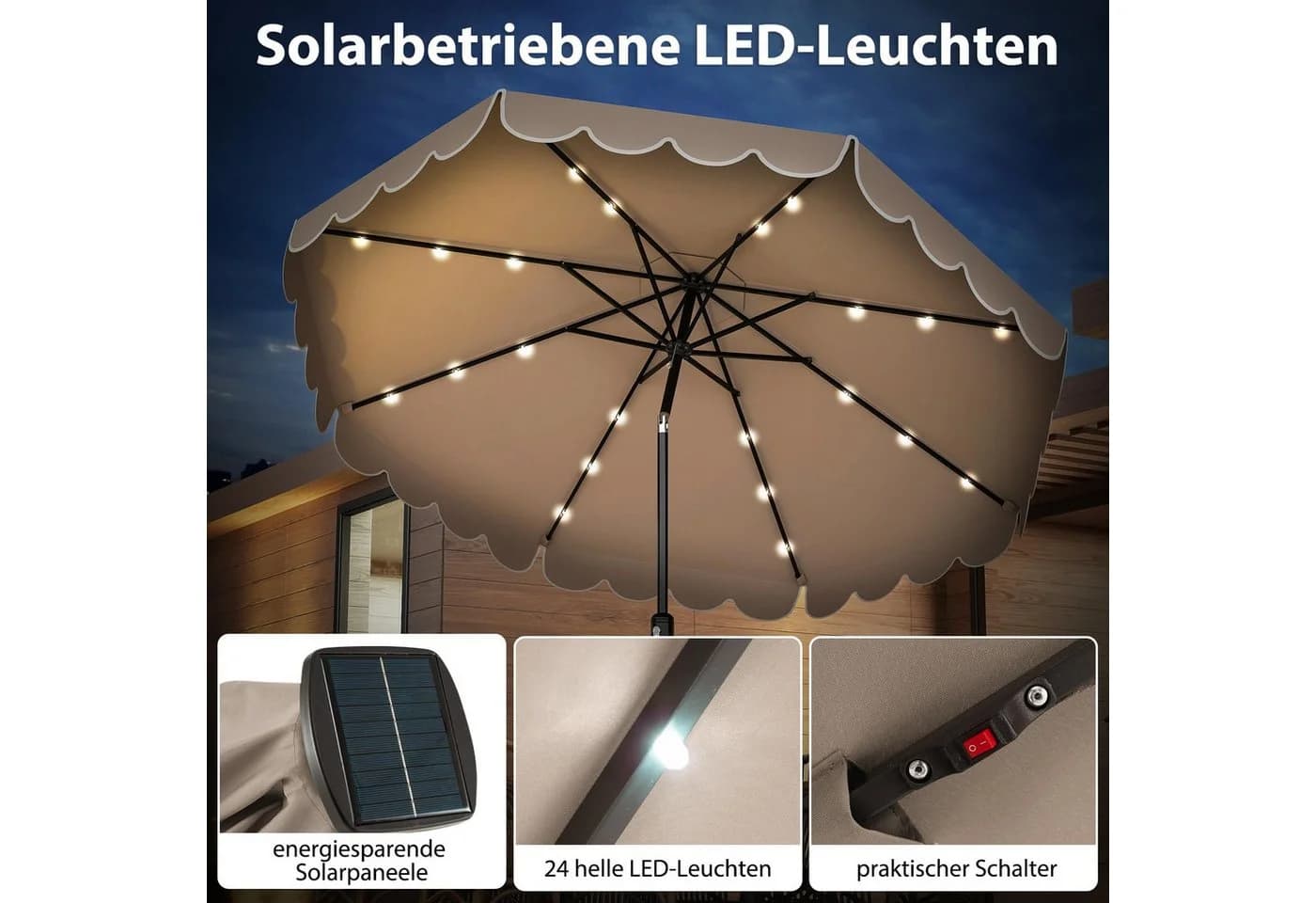 COSTWAY Sonnenschirm 3x3m mit LED & Kurbel braun - Bild 4
