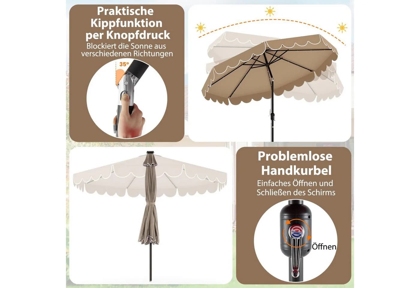 COSTWAY Sonnenschirm 3x3m mit LED & Kurbel braun - Bild 5