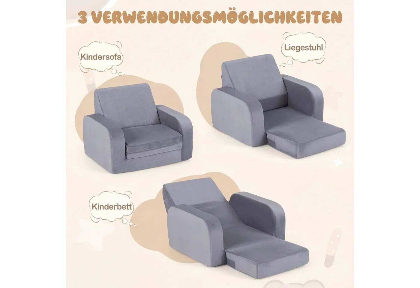 COSTWAY Kindersofa 3-in-1 ausklappbar mit Schlaffunktion Grau