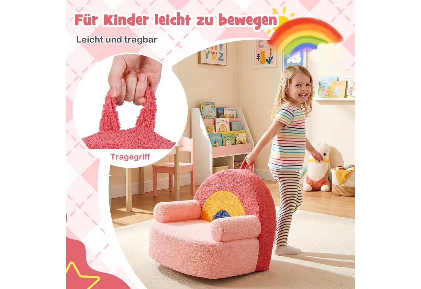 COSTWAY Kindersofa Rosa mit Griff aus Teddystoff