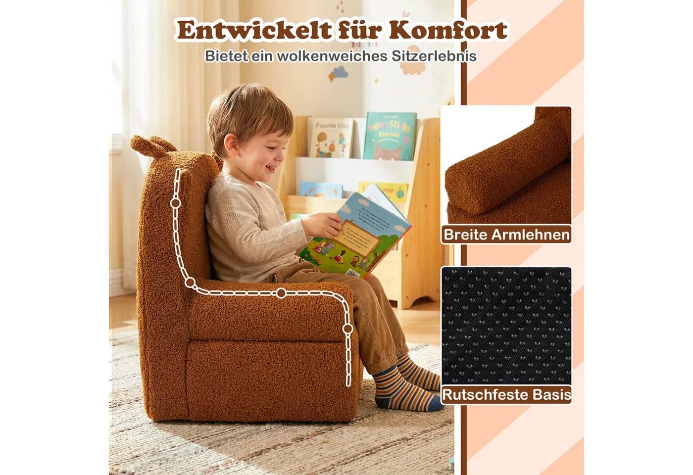 COSTWAY Kindersofa Rosa Teddyfleece mit Griff - Bild 3