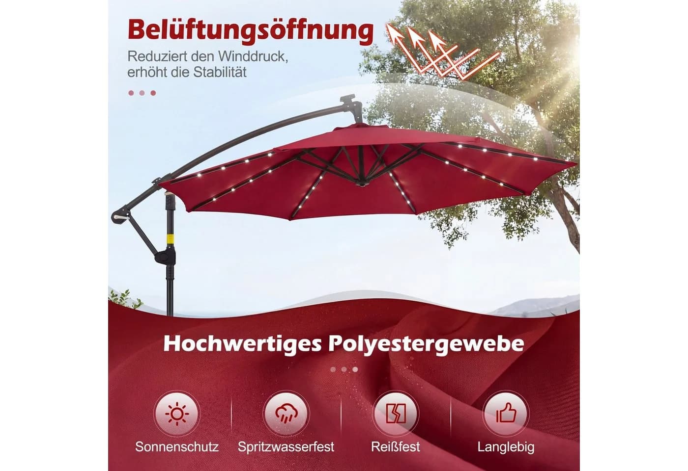 COSTWAY Sonnenschirm Balkonschirm Rot mit LED und Ständer - Bild 4