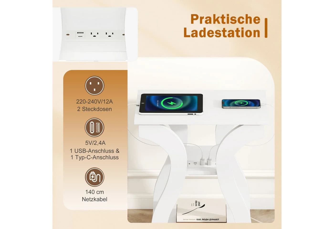 COSTWAY Beistelltisch 2er Set Schwarz mit Ladestation - Bild 3