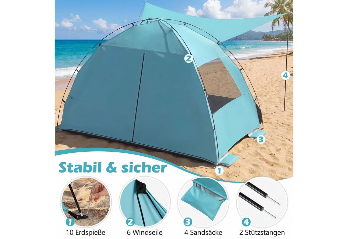 COSTWAY Strandmuschel Strandzelt mit Vordach und Netzfenstern Blau - Bild 3