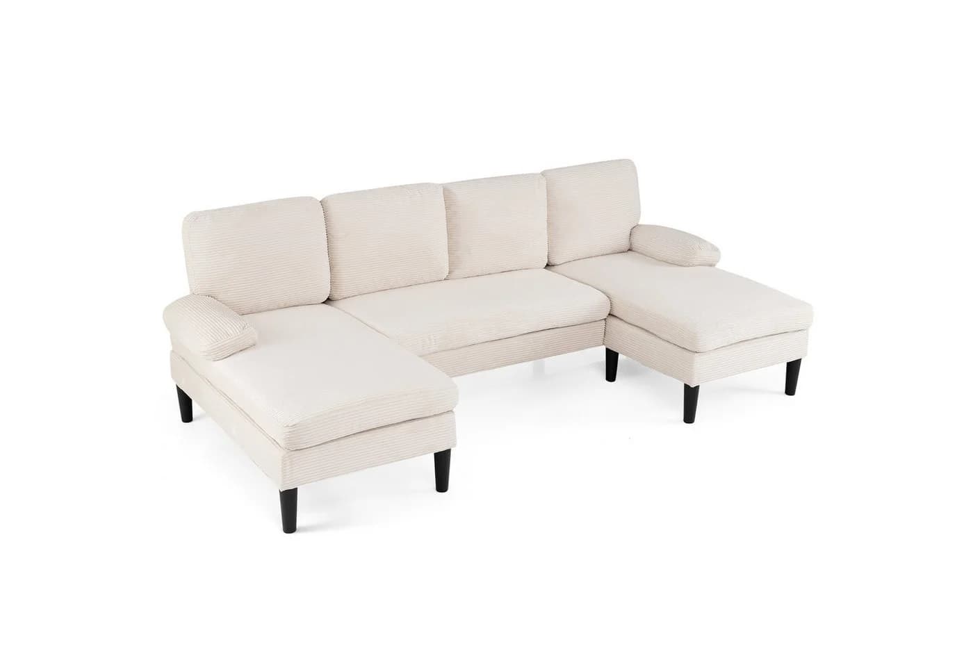 COSTWAY Ecksofa U-Form mit Schlaffunktion Cordstoff/Chenille
