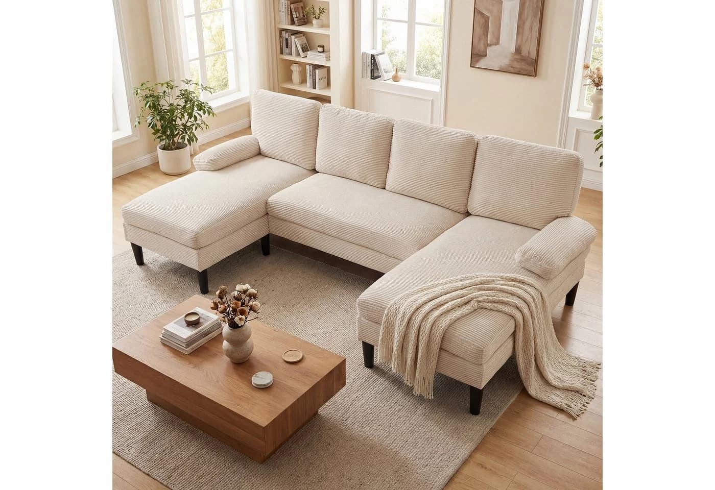 COSTWAY Ecksofa U-Form mit Schlaffunktion Cordstoff/Chenille - Bild 2