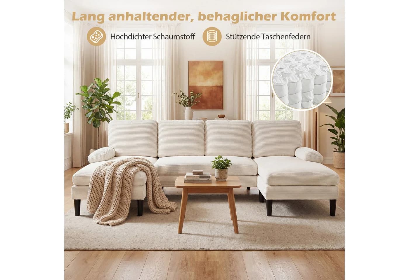 COSTWAY Ecksofa U-Form mit Schlaffunktion Cordstoff/Chenille - Bild 3