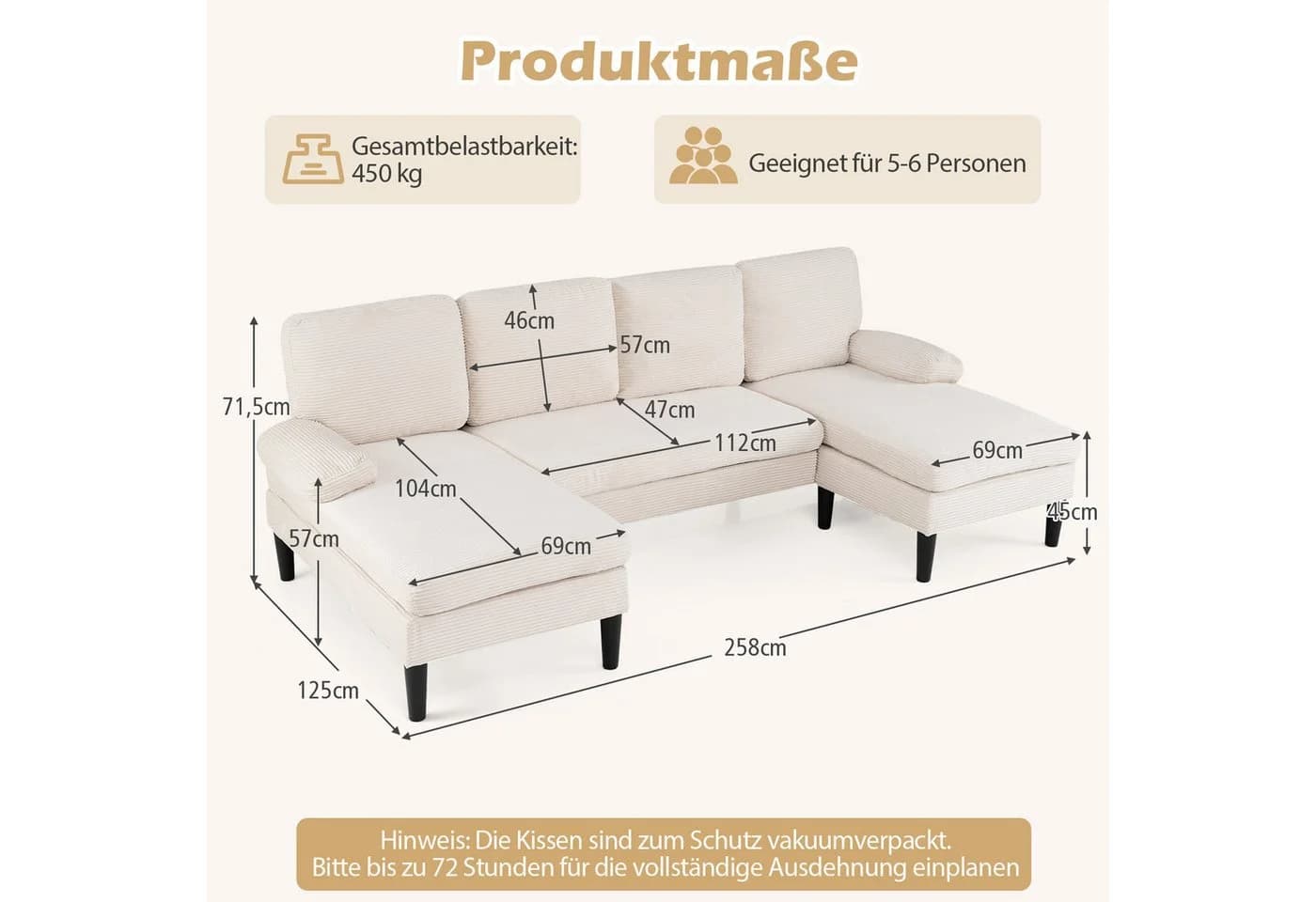 COSTWAY Ecksofa U-Form mit Schlaffunktion Cordstoff/Chenille - Bild 4