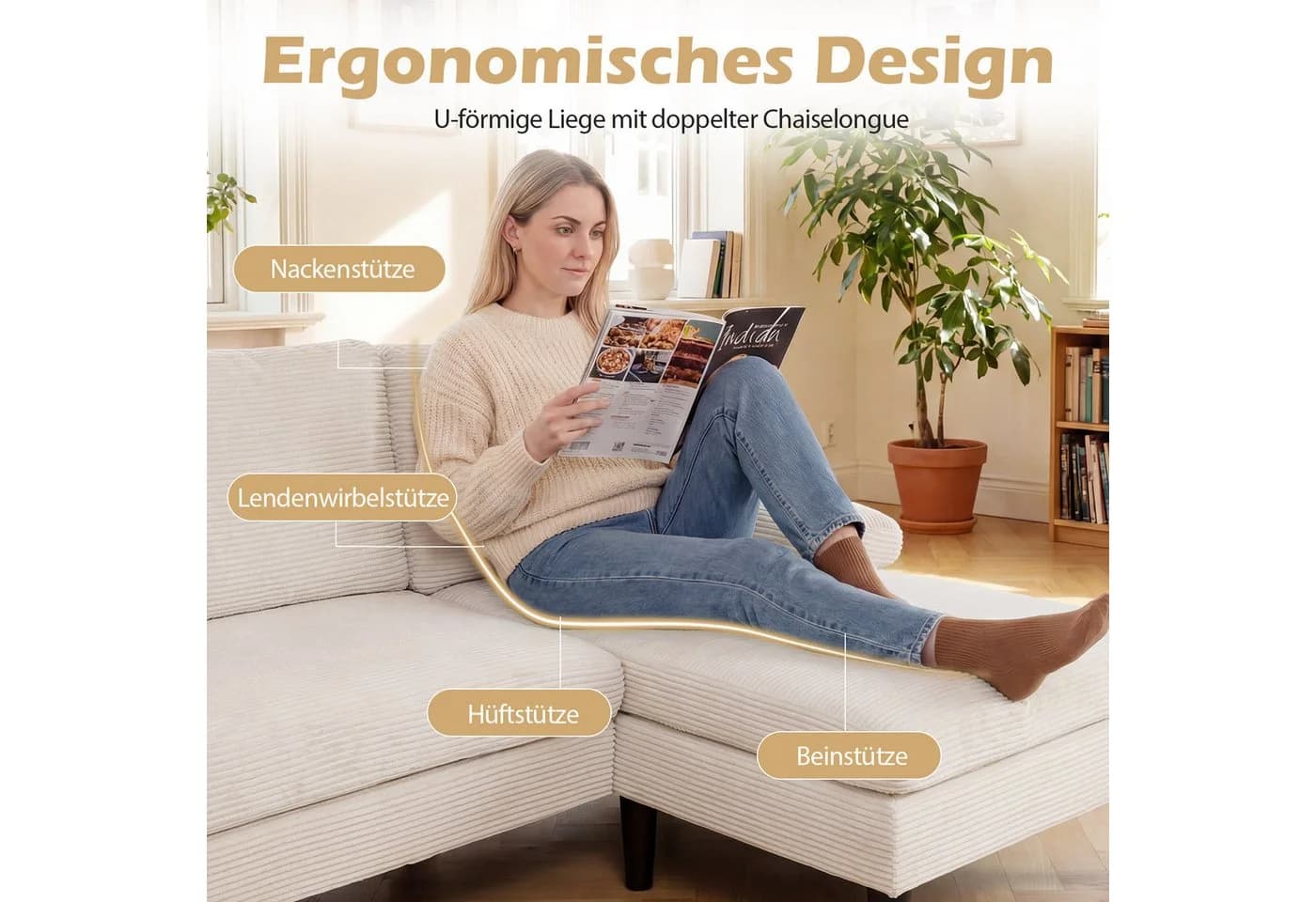 COSTWAY Ecksofa U-Form mit Schlaffunktion Cordstoff/Chenille - Bild 5