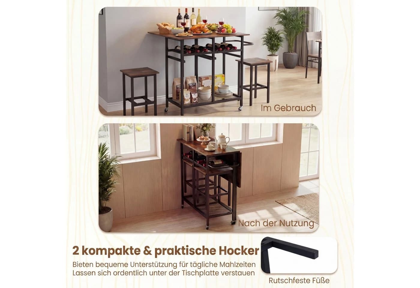 COSTWAY Esstisch klappbar mit 2 Hockern & Weinregal, Braun/Schwarz/Gold