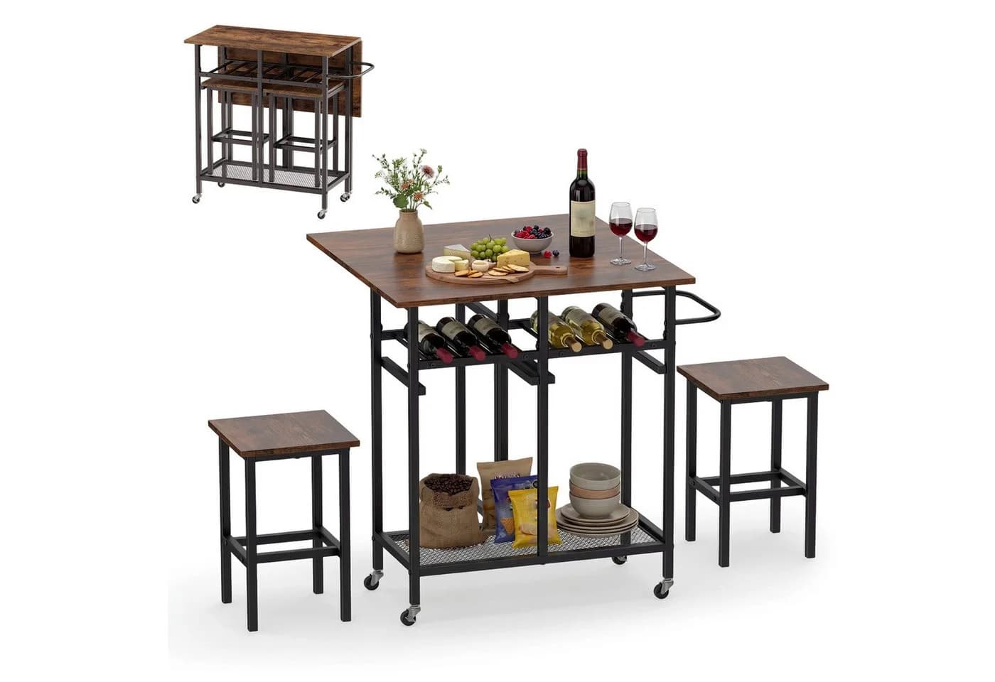 COSTWAY Esstisch klappbar mit 2 Hockern & Weinregal, Braun/Schwarz/Gold - Bild 2