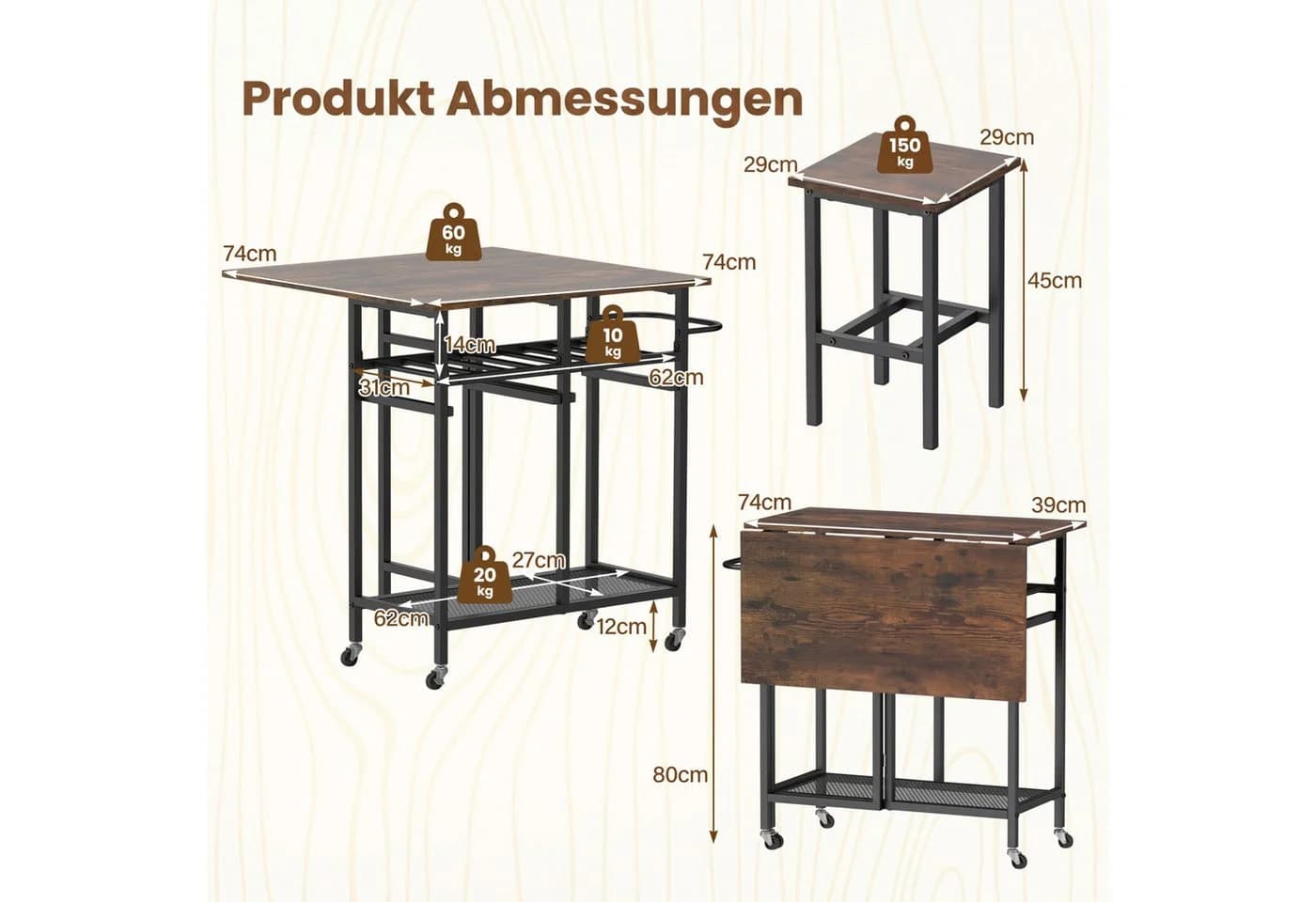 COSTWAY Esstisch klappbar mit 2 Hockern & Weinregal, Braun/Schwarz/Gold - Bild 5