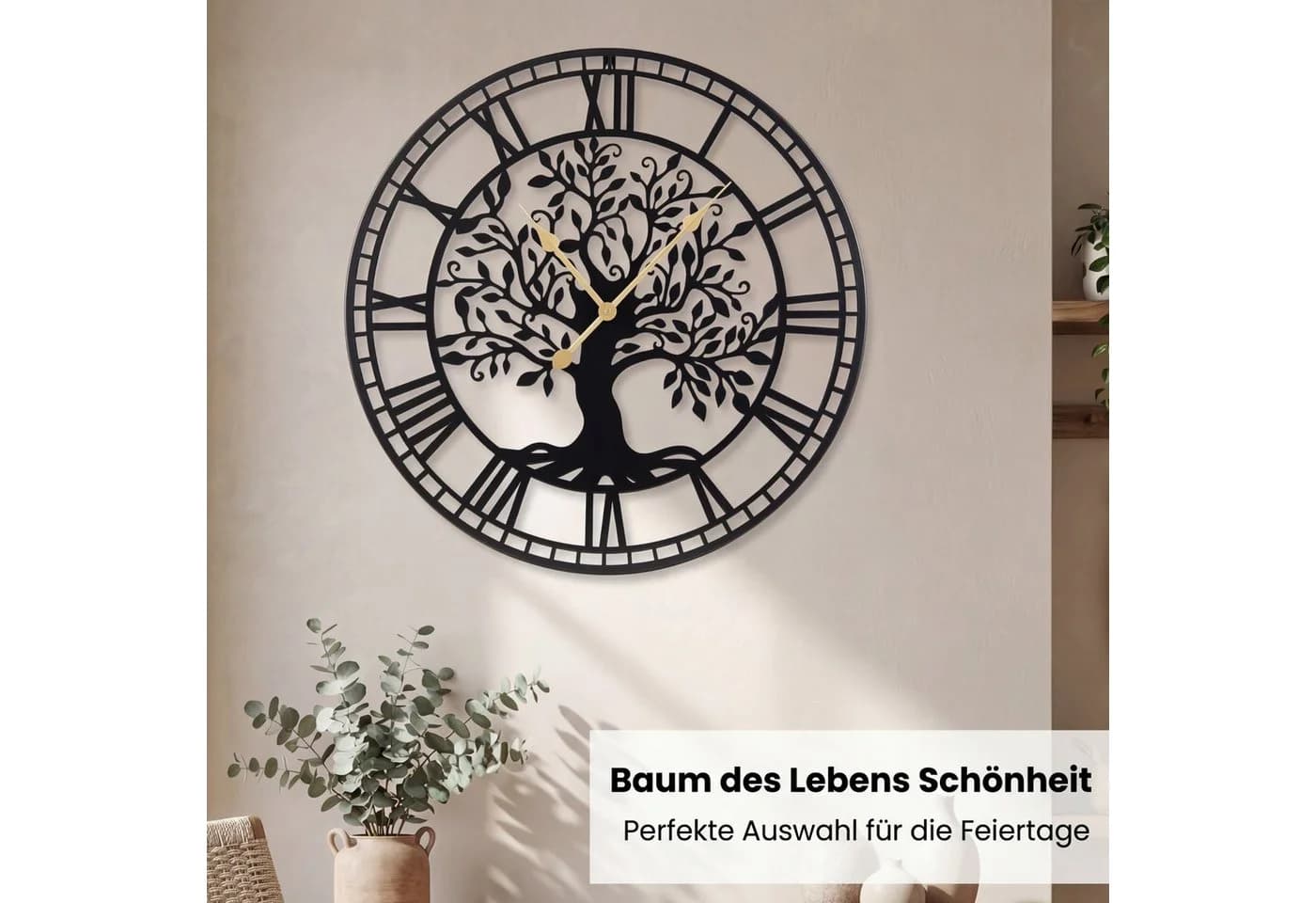 COSTWAY Wanduhr Schwarz mit römischen Ziffern und Baum-des-Lebens Motiv