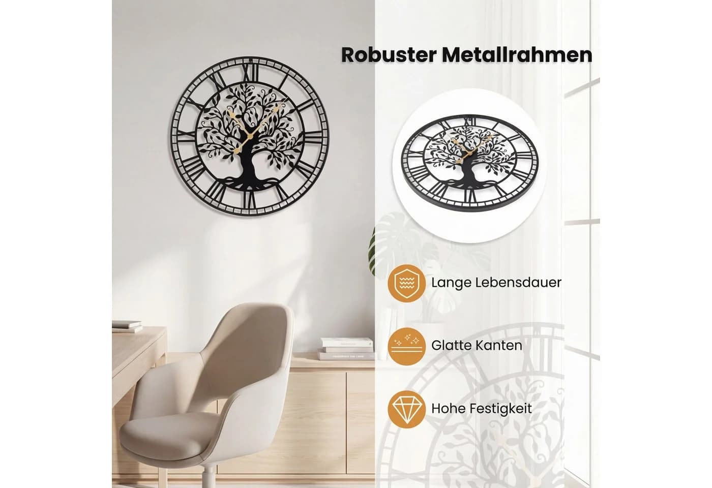 COSTWAY Wanduhr Schwarz mit römischen Ziffern und Baum-des-Lebens Motiv - Bild 3