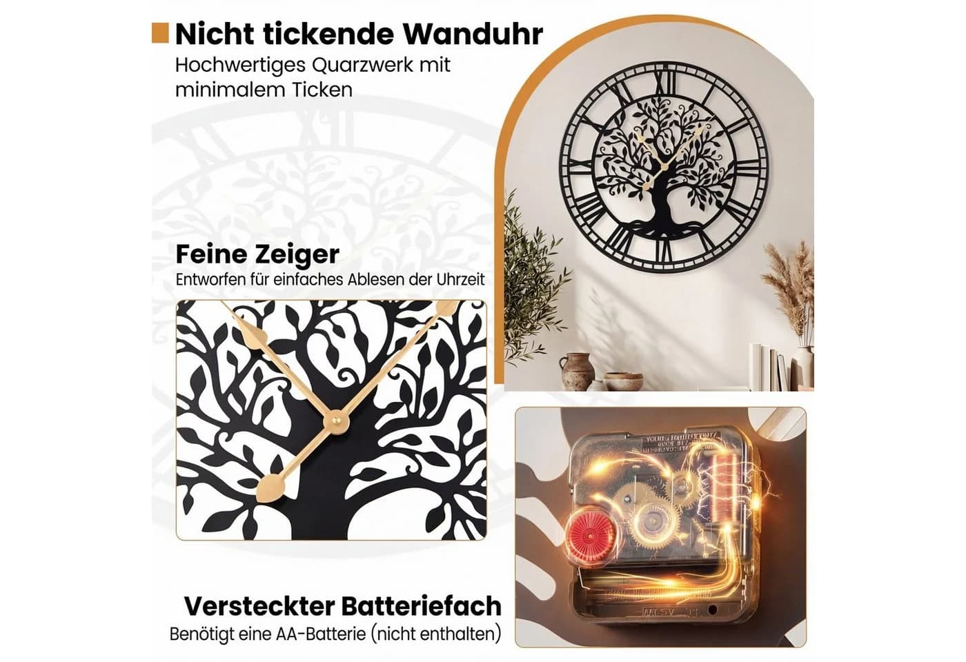 COSTWAY Wanduhr Schwarz mit römischen Ziffern und Baum-des-Lebens Motiv - Bild 4