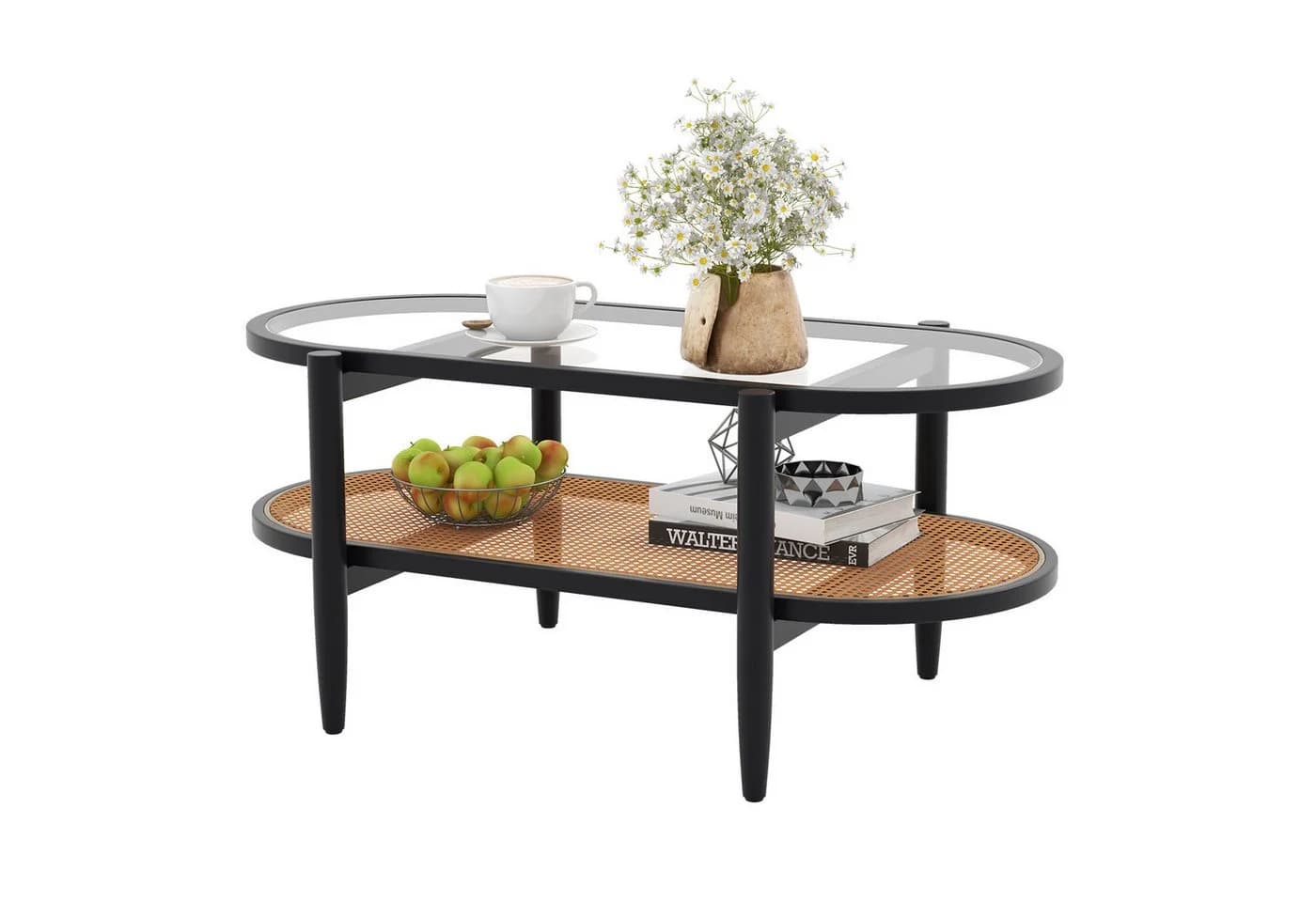 COSTWAY Couchtisch Glas Rattan Holz Braun mit Stauraum - Bild 2