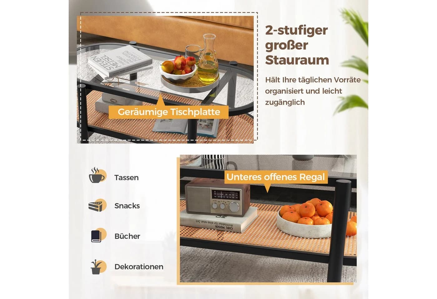 COSTWAY Couchtisch Glas Rattan Holz Braun mit Stauraum - Bild 3