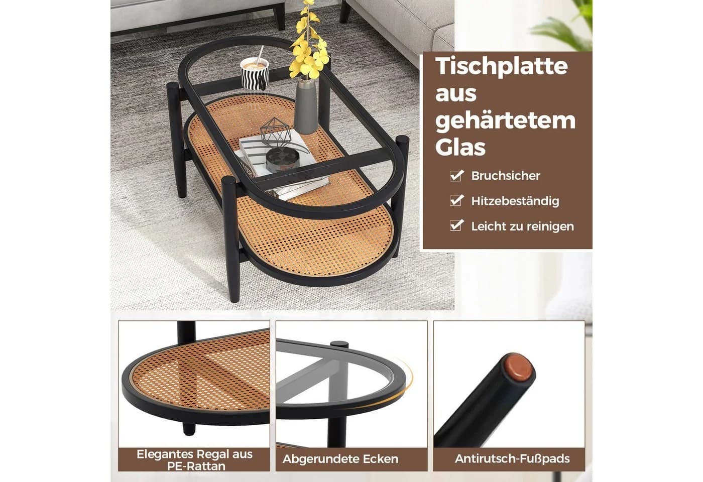 COSTWAY Couchtisch Glas Rattan Holz Braun mit Stauraum - Bild 4