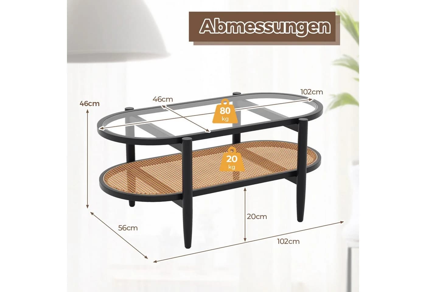 COSTWAY Couchtisch Glas Rattan Holz Braun mit Stauraum - Bild 5