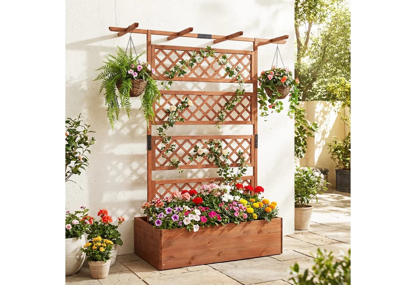 COSTWAY Blumenkasten Pflanzkübel Hochbeet mit Rankgitter & Dach Braun