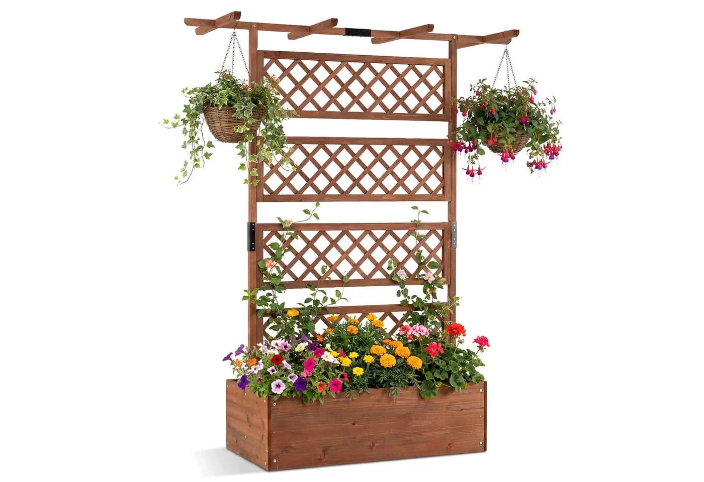 COSTWAY Blumenkasten Pflanzkübel Hochbeet mit Rankgitter & Dach Braun - Bild 2
