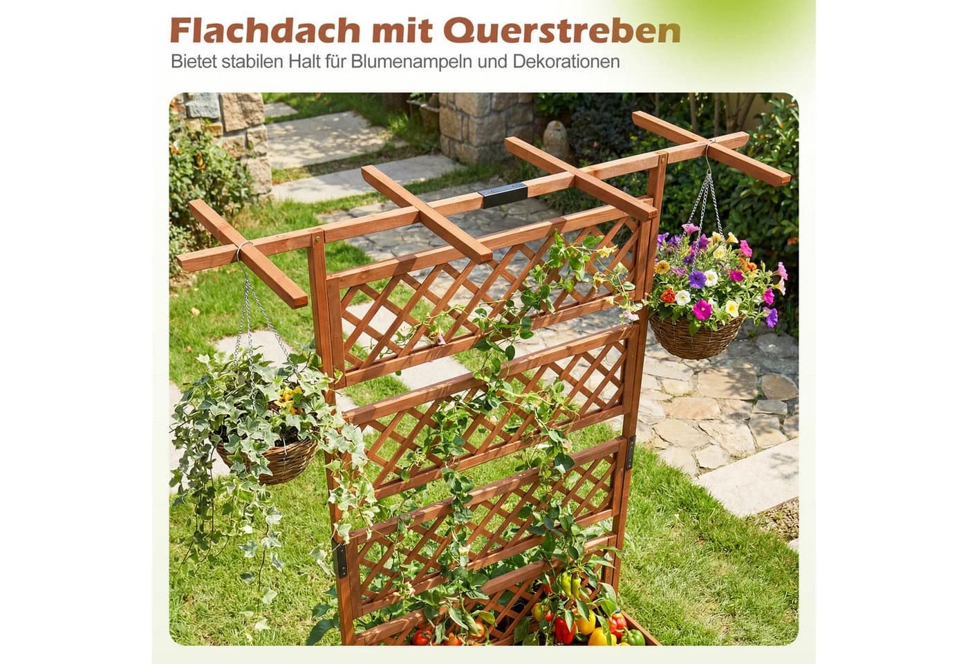 COSTWAY Blumenkasten Pflanzkübel Hochbeet mit Rankgitter & Dach Braun - Bild 3