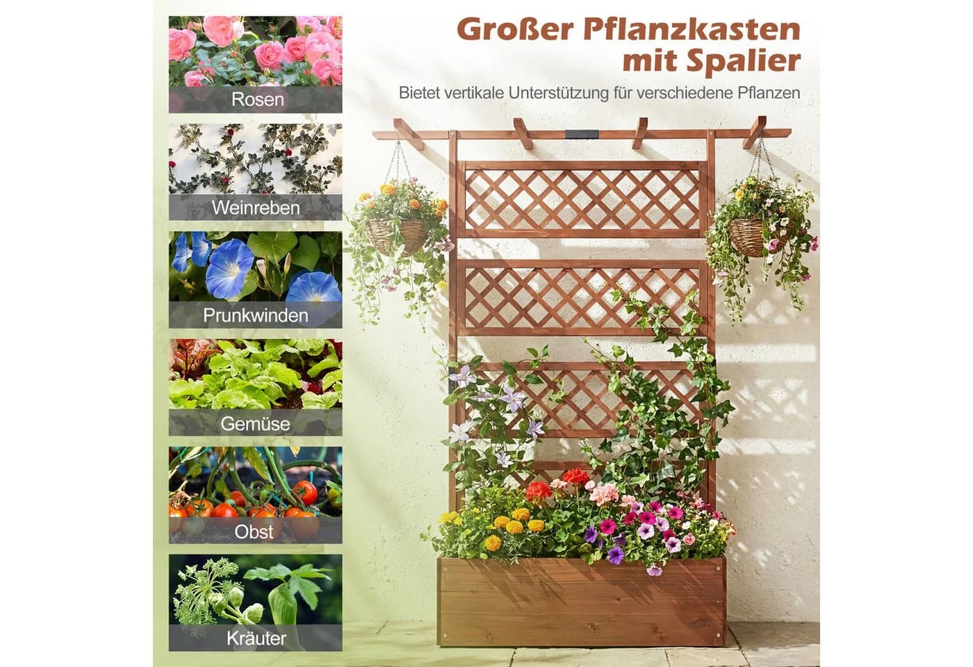 COSTWAY Blumenkasten Pflanzkübel Hochbeet mit Rankgitter & Dach Braun - Bild 4