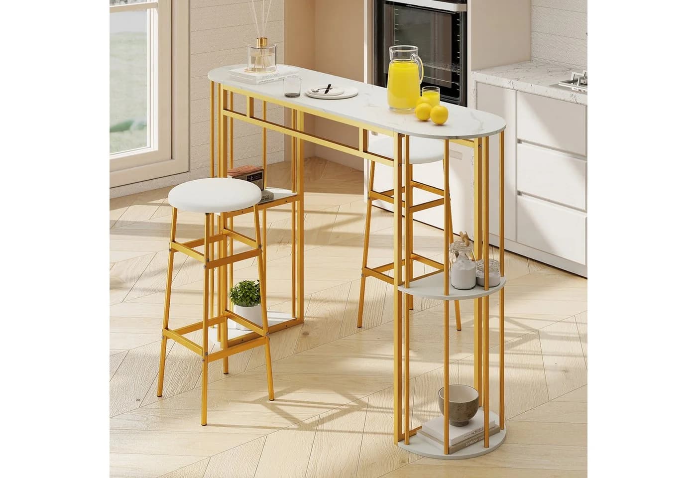COSTWAY Bartisch 150cm mit 4 Regalen Schwarz/Gold/Weiß