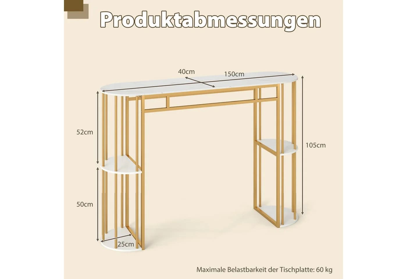 COSTWAY Bartisch 150cm mit 4 Regalen Schwarz/Gold/Weiß - Bild 5