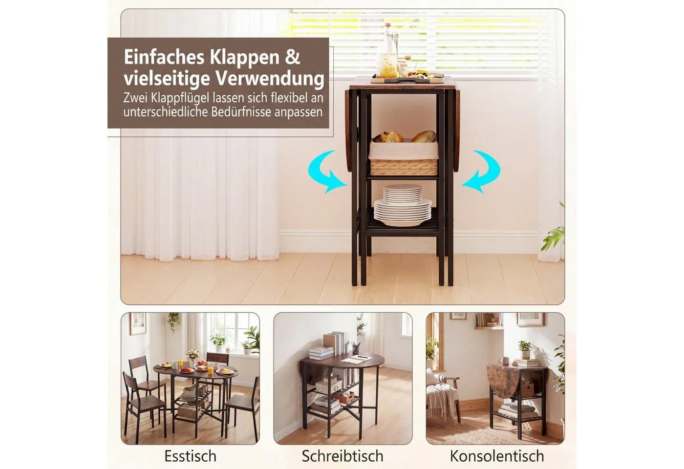 COSTWAY Klappbarer Esstisch für 4 Personen Braun/Weiß mit Ablagen - Bild 3