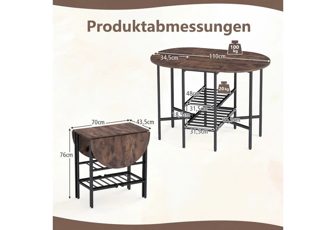 COSTWAY Klappbarer Esstisch für 4 Personen Braun/Weiß mit Ablagen - Bild 5